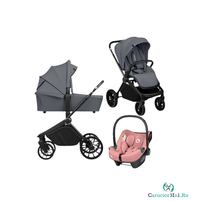 Carucior 3 in 1, Lionelo, Mika Plus, Cu scoica auto Roz testata ADAC, Reversibil, Cu sistem de ventilatie 3D, Cu accesorii, Pana la 22 kg, EN1888-1 EN1888-2 EN1466 ECE R129, Gri