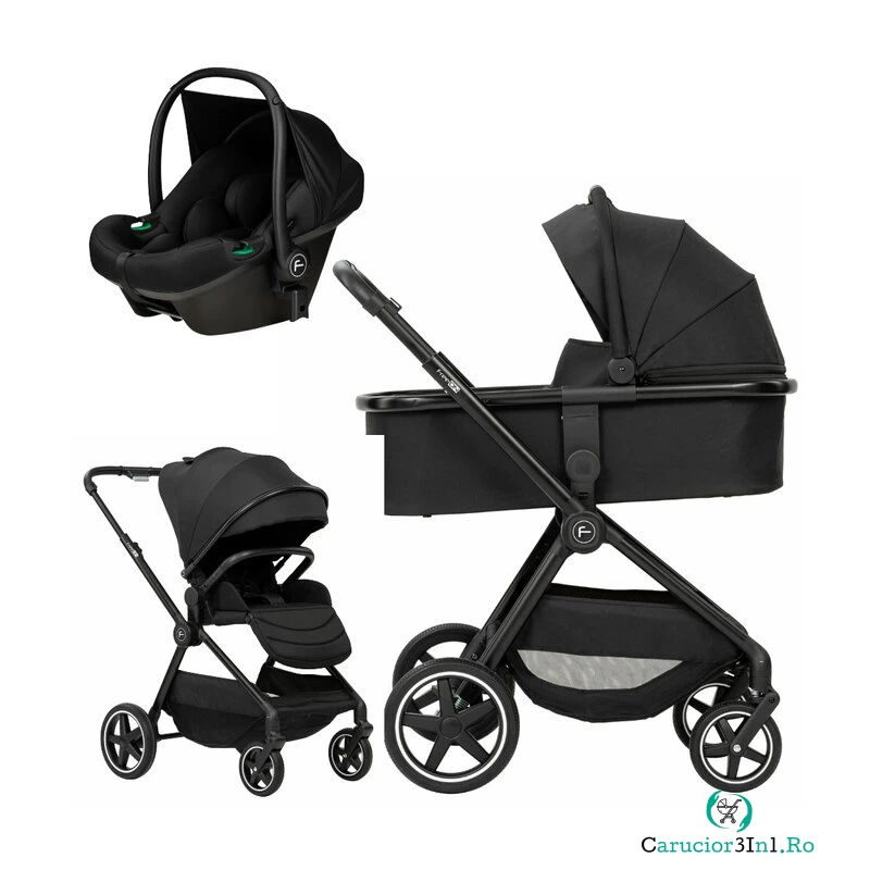 Carucior 3 in 1, FreeON, Zack, Cu cadru din aluminiu, Landou, Scoica auto, Geanta pentru mamici, Conform cu standardele EN 1888:2018 si ECE R129, Black la 1,504.99 lei ron