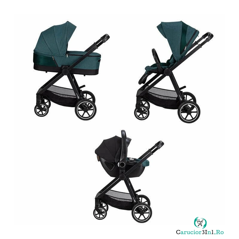 Carucior 3 in 1, FreeON, Opty, Pana la 22 kg, Cu landou, Scoica auto conform ECE R129, Parte sport cu sezut reversibil, Spatar reglabil, Cu accesorii, Green la 2,119.99 lei ron
