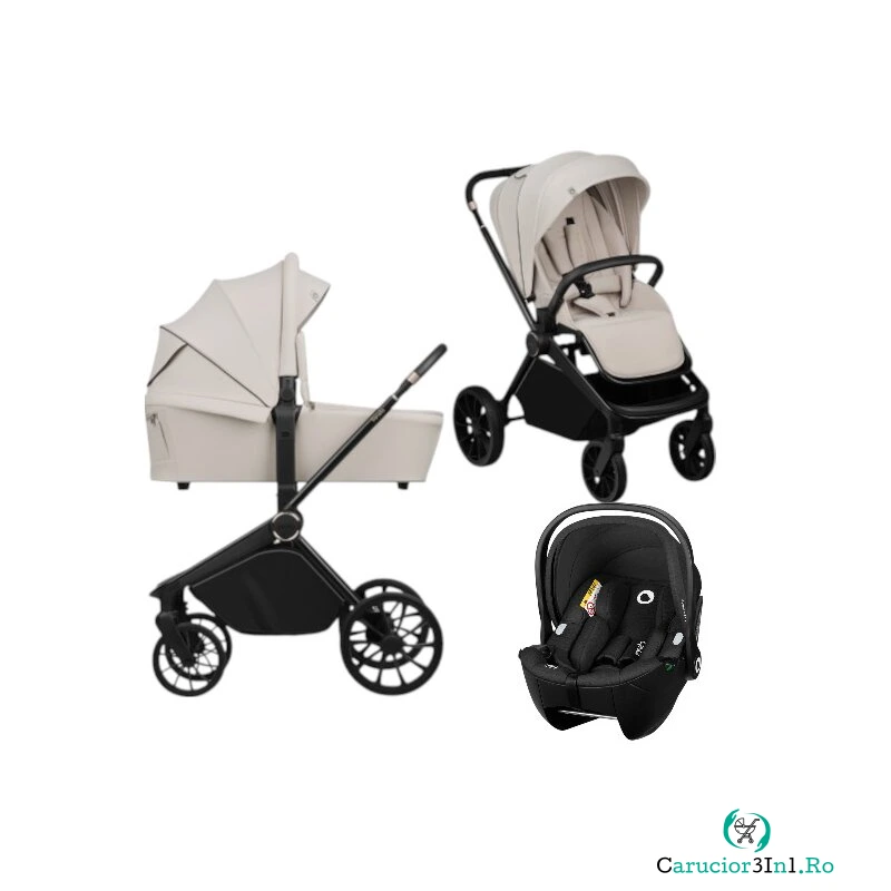 Carucior 3 in 1, Lionelo, Mika Plus, Cu scoica auto Moxie Black Carbon, Reversibil, Cu sistem de ventilatie 3D, Cu accesorii, Pana la 22 kg, EN1888-1 EN1888-2 EN1466 ECE R129, Bej la 2,619.99 lei ron