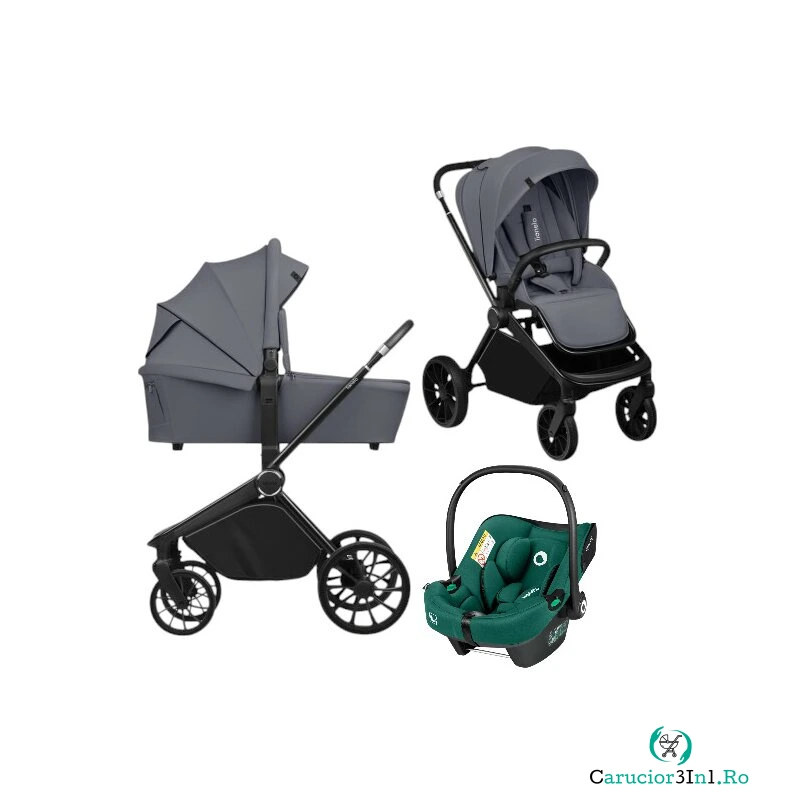 Carucior 3 in 1, Lionelo, Mika Plus, Cu scoica auto Verde testata ADAC, Reversibil, Cu sistem de ventilatie 3D, Cu accesorii, Pana la 22 kg, EN1888-1 EN1888-2 EN1466 ECE R129, Gri