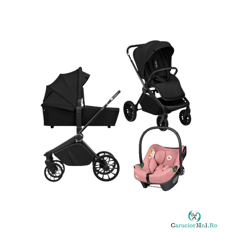 Carucior 3 in 1, Lionelo, Mika Plus, Cu scoica auto Roz testata ADAC, Reversibil, Cu sistem de ventilatie 3D, Cu accesorii, Pana la 22 kg, EN1888-1 EN1888-2 EN1466 ECE R129, Negru la 2,468.99 lei ron