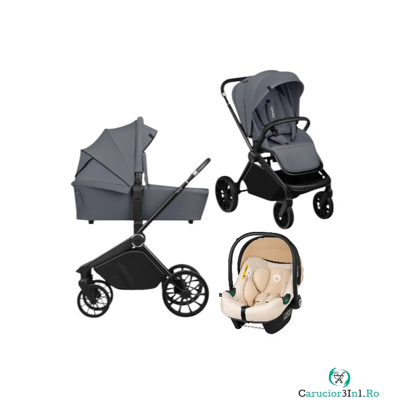 Carucior 3 in 1, Lionelo, Mika Plus, Cu scoica auto Bej testata ADAC, Reversibil, Cu sistem de ventilatie 3D, Cu accesorii, Pana la 22 kg, EN1888-1 EN1888-2 EN1466 ECE R129, Gri la 2,495.99 lei ron
