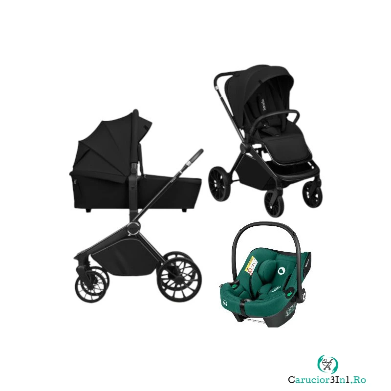 Carucior 3 in 1, Lionelo, Mika Plus, Cu scoica auto Verde testata ADAC, Reversibil, Cu sistem de ventilatie 3D, Cu accesorii, Pana la 22 kg, EN1888-1 EN1888-2 EN1466 ECE R129, Negru